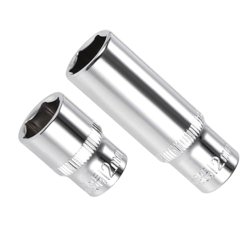 Image of 6-Point Socket, 1 /4 inch Drive 12mm Deep, Polished Chromed CR-V Metric Deep and Shallow Impact Socket - (Applications: for Ratchet Torque Electric Wrenches Car Repair), 2-Pieces
