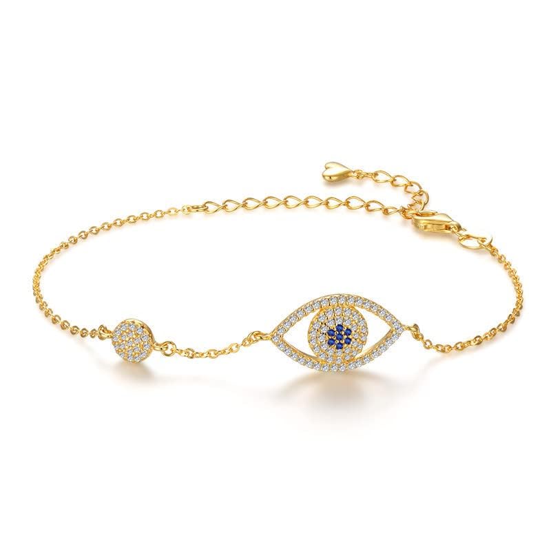 Solid 14K Gold Over 925 Silver Moissanite Evil Eye Bracelet for Women,Dainty Adjustable Evil Eye Charm Chain Bracelet,Fashion Christmas Jewelry Gift for Her
