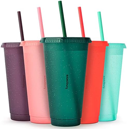 Cups with Lids and Straws for Adults - 5 Glitter Reusable Cups with Lids and Straws in Vivid Colors, 24 oz Iced Coffee & Bulk Party Tumblers, Plastic Tumbler with Lid and Straw for Water & Smoothie