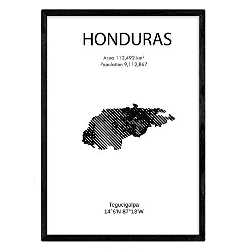 Affiche du Honduras. Lames de pays et de continents du monde. Taille A3 avec cadre