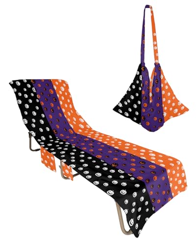 Halloween Beach Lounge Chair Towel Cover, Soft Chaise Lounge Towel with Side Pockets Patio Pool Chairs Cover for Beach/Pool Sunbathing 29x85 Orange Purple Black Striped Pumpkins