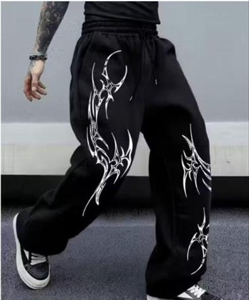 Image of Mens Black Printed Track Pants Polycotton Wide Leg Street Casual Sports Daily Graphic Bottoms