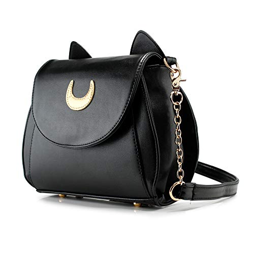 Oct17 Moon Luna Design Purse Kitty Cat Satchel Shoulder Bag Designer Women Handbag Tote Pu Leather Sailer Style (Black) #TOP1