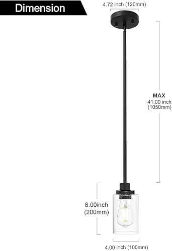 Miniatura 4 de TODOLUZ Lámparas colgantes industriales negras, iluminación colgante de cocina con pantalla cilíndrica de vidrio transparente para granja, comedor,