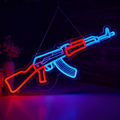 Image of Gun Neon Sign AK 47 Sign for Wall Decor Large Size(26.5x8.7 Inch) Smart plug timer compatible USB Powered Man Cave Bedroom Decor