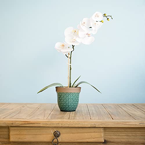 Arranjo de Flor Artificial Orquídea Branca no Vaso de Cerâmica Azul Turquesa