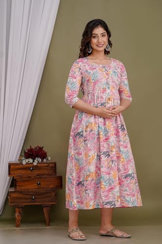 Image of Maternity Feeding Kurti for Women | Cotton Blend Anarkali Dress with Nursing Zip for Pre & Post Pregnancy