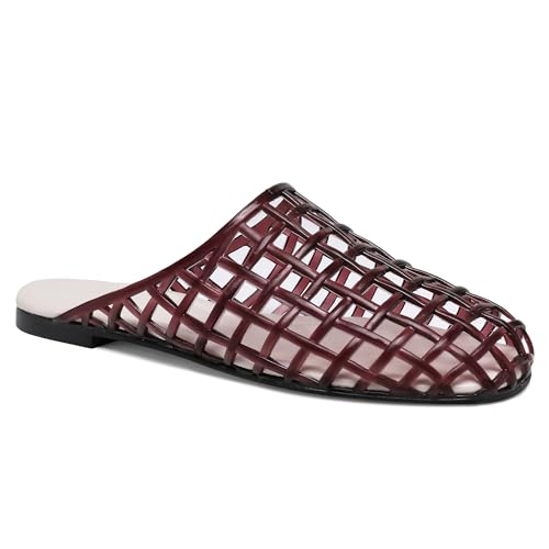 Red Mesh Jelly Mules for Women Clear Hollow Closed Toe Flat Sandals Beach Jellies Slippers Summer Slide Shoes