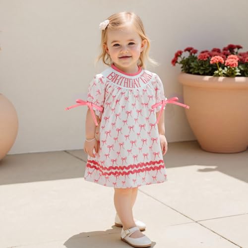 Lamuusaa Toddler Baby Girl Birthday Outfit Birthday Girl Smocked Embroidery Dress Bow Print Playwear Summer Clothes3