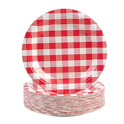 HFBOBP 50 pratos de ginjam, 18 cm, xadrez, pratos de sobremesa, descartáveis, para festas, piquenique, casamentos, aniversários, campismo, festas, decoração (vermelho, 18 cm)
