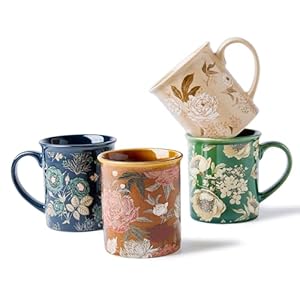 Coffee Mugs Set of 4 12oz Ceramic Tea Cups with Floral Design Microwavable Dishwasher Safe Gift Box Perfect for Cappuccino Latte Hot Chocolate Tazas Para Cafe Bonitas Royal Bloom