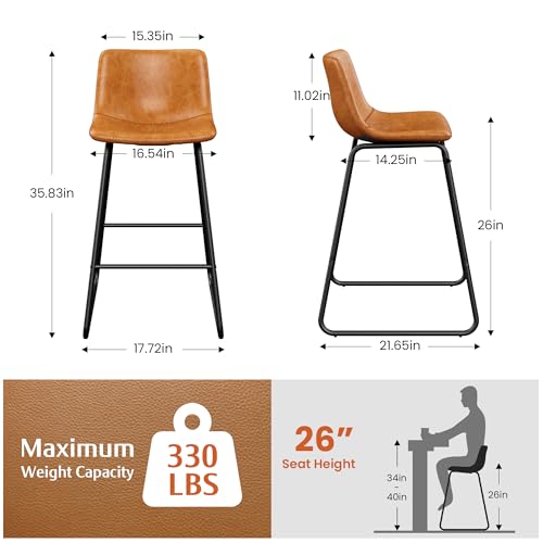 Image of REONEY Bar Stools Set of 4, 26 inch PU Leather Counter Height Barstool, Brown