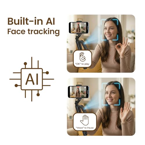 Image of Toreto One Axis Gimbal Stabilizer Tripod with AI Face Tracking & 360 Rotation | 1.8m Height Adjustable, Gesture Control & BT Remote | Compatible with iPhone & Android for Vlogging & Photoshoots