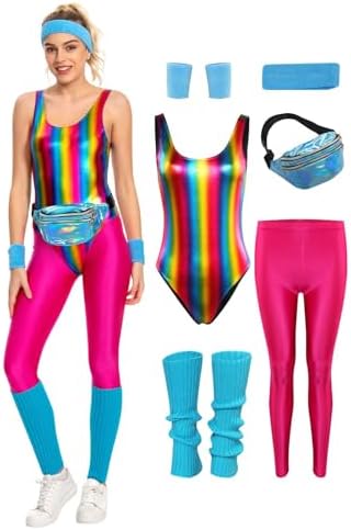 Cyborey 80er Kostüm Damen Bunter Vintage Trainingsanzug mit Zubehör für Halloween