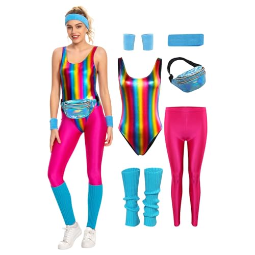 YANVS 80er Jahre Fitness Kostüm Damen 6 Stück Set Bunt Jumpsuit Vintage Aerobic Kleidung Yoga Hosen Sportbekleidung