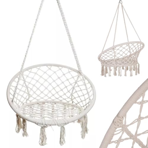 BAKAJI Poltrona Sospesa per Interno ed Esterno Beige, Seduta da Giardino in Corda Design Moderno, Amaca Dondolo per Terrazzo, Campeggio, Balcone, Patio, Struttura Circolare, Sedia Appesa Resistente