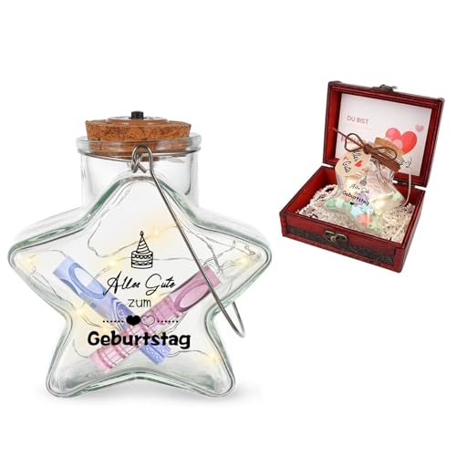 LED Wunscherfüller Geldgeschenk Geburtstag Dekoflasche, Geldgeschenke Verpackung Geburtstag mit Schatztruhe & Geburtstagskarte, Geldgeschenk Verpackung, Geburtstagsgeschenk für Frau Mann