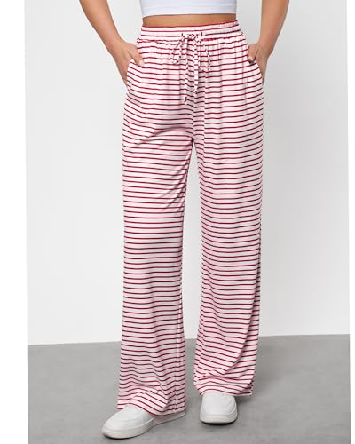 GRAPENT Striped Wide Leg Pants Woman High Waisted Pull On Elastic Waist Casual Lounge Comfy Loose Fit Pants with Pockets2