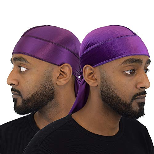 Wayvee Crowns 2Pack Premium Durags For Men Waves | 1 Velvet Durag | 1 Silk Durag (Purple)