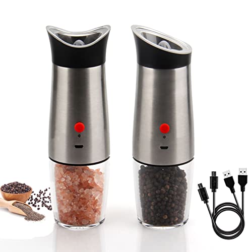 Macinasale elettrico e pepe, set di macinacaffè automatico a gravità, capacità 140 ml, macinacaffè pepe ricaricabile USB per tavolo, grossolanità regolabile (acciaio inossidabile, 2 pezzi/set)