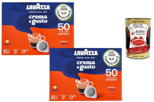 Italian Gourmet Lavazza Café Espresso Dosettes ESE 44 mm Intensité Forte 9/10 – Pack 2 x 50 Dosettes Compostables (700 g Total) + Italian Gourmet Polpa