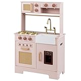 Maxmass Kids Play Kitchen, Wooden Toddler Toy Kitchen with Dual Stoves, Lights & Sounds, Faucet & Sink, Coffee Maker, Ice Dispenser, Pretend Kitchen Role Play Cooking Set for 3+ Boys Girls (Pink)