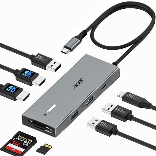 Image of Acer USB-C Docking Station Dual Monitor, 9-in-1 Laptop Dock with 2 HDMI | Laptop Docking Station with 4K@60Hz HDMI, USB A&C 3.0, SD /Micro SD, 100W PD Compatible with Acer /Dell XPS /HP /Mac (2FT)