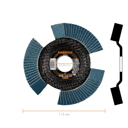 RHODIUS VISION PRO, 5 Stück Ø 115 mm K80 Fächerscheiben durchsichtig, Made in Germany, Metall Edelstahl Stahl INOX, für Winkelschleifer, Schleifscheibe, Fächerschleifscheibe