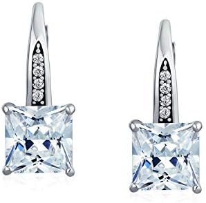 Holiday Bridal Classic Simulated Gemstone 2CT Solitaire Cubic Zirconia Brilliant Princess Cut Square Pave AAA CZ Drop Lever back Earrings For Women Wedding .925 Sterling Silver