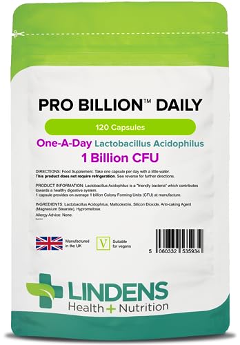 Lindens - Pro Billion Daily - Acidophilus Lactobacillus - 120 Capsules - UK Made - 1 Billion CFU Friendly Bacteria - Supports Digestive Health - Vegan Friendly - GMP & Letterbox Friendly