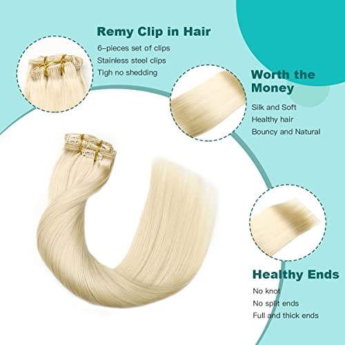 SURNEL Human Hair Clip in Extensions Blonde Clip in Hair Extensions 22 Inch Color 60 Platinum Blonde Long Straight Hair 6 Pieces Clips Hair Extensions for Thin Hair 120g (C#60 - Image 4