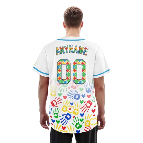 Camiseta de béisbol personalizada con conciencia sobre el autismo para adultos y jóvenes, diseño de piezas de rompecabezas, camisa de equipo de sóftbol con botones miniatura 3
