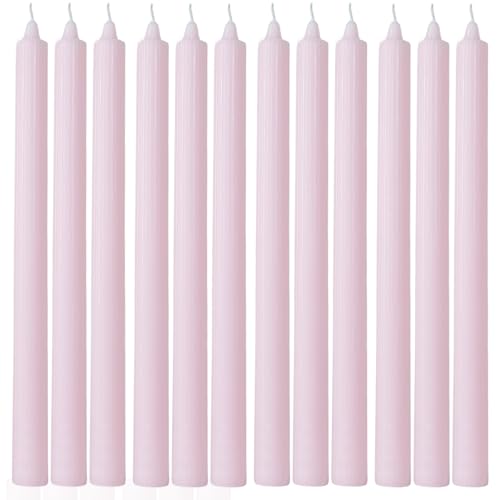 Ribbed Taper Candles Pink Set of 12 Unscented, Dripless, Smokeless Long Tall Tapered Candlesticks Wedding Advent Home Decor Dinner Christmas-Natural Color Series-10.6 Inch