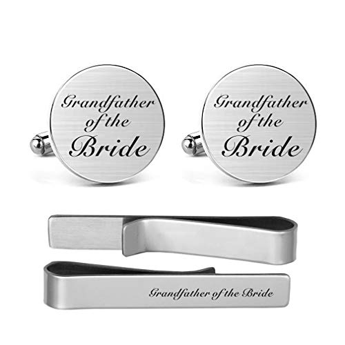 MUEEU Grandfather of The Bride Cufflinks Engraved Novelty Accessory Anniversary Wedding Party Grandfather Cufflinks & Tie Clip Bar Tacks (Round Grandfather Cufflinks Set)