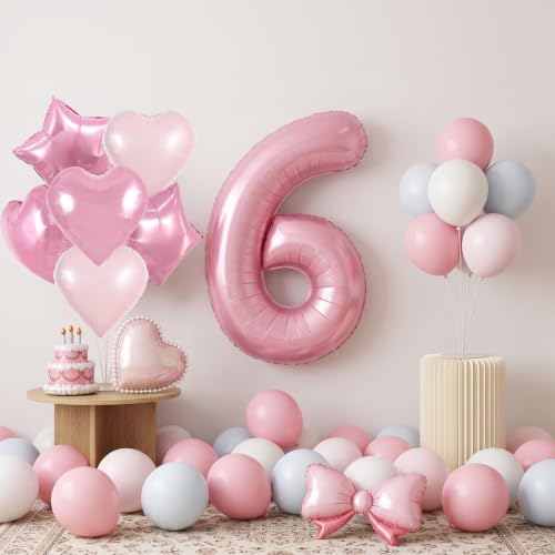 Image of TONIFUL 6th Birthday Balloons Kit 40 Inch Pink Large Number 6 Foil Balloon | with 18 Inch Helium Foil Star Shaped Balloons for Girls Women Birthday Anniversary Graduation New Year Eve Party Decoration