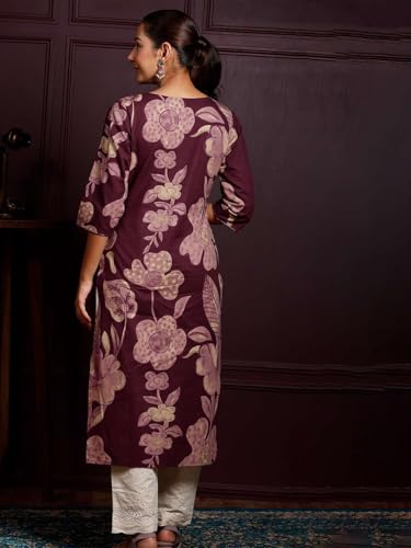 Image of Rimeline Women's Cotton Floral Printed Kurta with Notch Neck Detail | Straight Fit Ethnic Wear for Office, Casual & Everyday Styling