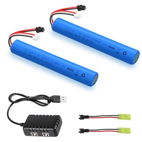 URGENEX Airsoft Battery 7.4V 3000mAh High Capacity Splatter Ball Gun Battery Pack with SM2P Plug and Mini Tamiya Plug Cable Fit for SRB1200, SRB400,...