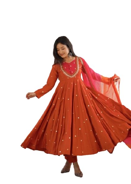 Image of Women Elegant Embroidered Sequence Anarkali Three Piece Set with Real Mirror Designer Work | Women's Premium Flared Ethnic Suit Set with Kurta, Bottom & Dupatta Orange