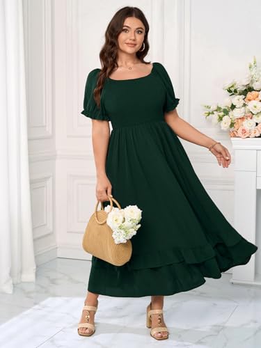 Image of Women's Plus Size Dress Square Neck Short Sleeve Smocked Elastic Waist Tiered Ruffle Hem Maxi Dresses