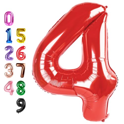Image of 4 Balloon 40 inch Red Number Balloons for 4th Birthday Party Decorations | Saturated Color, Large 40 in, With Straw & Hanging Hole, For Back-to-School Season, Wedding, Christmas, New Year, Anniversary
