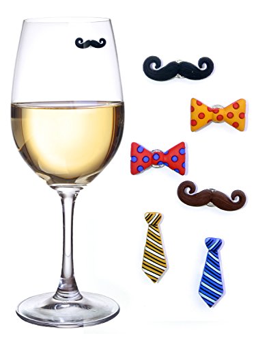 Simply Charmed Mustache Wine Charms & Magnetic Glass Markers for Stemless Glasses, Beer Mugs & More - Set of 6 'Staches and Ties by Simply Charmed