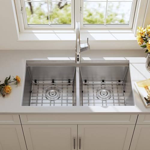 Blenzia 32 Inch Undermount Workstation Double Bowl Kitchen Sink 16 Gauge Stainless Steel 50/50 Deep Sinks with Ledge and Accessories 32" x 18" x 10"