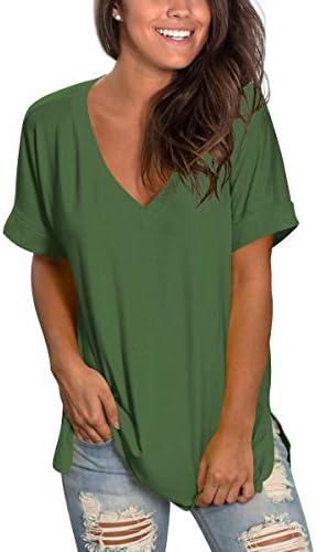SAMPEEL Women's V Neck T Shirts Rolled Short Sleeve Side Split Summer Tops Dressy Casual