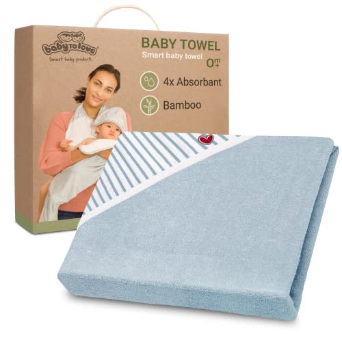 Image of BabyToLove Smart Hooded Bath Towel for Infants & Toddlers | 41x43 Extra Large Apron Towel | Ultra Soft & Absorbent | Parents Stay Dry | Blue Stripes