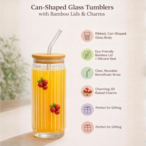 Image of Ribbed Glass Tumbler with Bamboo Lid & Straw (400ml Each) | Cute Charms Aesthetic Can-Shaped Borosilicate Glass Sipper for Juice, Iced Coffee & Cold Drinks