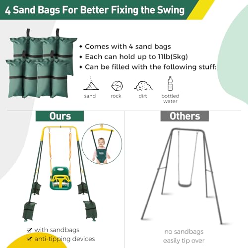 Image of FUNLIO 2 in 1 Swing Set for Toddler & Baby Jumper, Heavy Duty Kids Swing & Bouncer with 4 Sandbags, Foldable Metal Stand for Indoor /Outdoor Play, Easy to Assemble and Store - Green