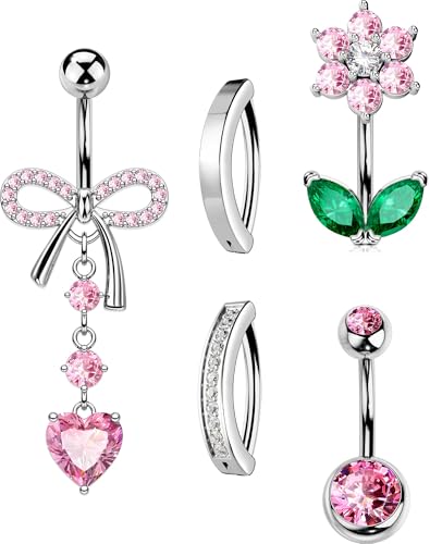 OUFER 5PCS Belly Button Rings, Cute Pink CZ Bow Flower Heart Dangle Navel Belly Piercing Jewelry, Clicker Navel Rings for Women Men, 14G Surgical Steel Dainty Dangly Dangling Body Piercing Jewelry