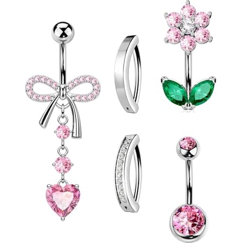OUFER 5PCS Belly Button Rings, Cute Bow Flower Heart Dangle Navel Belly Piercing Jewelry, Clicker Navel Rings for Women Men, 14G Surgical Steel Dainty