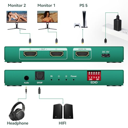 Image of HDMI Splitter 1 in 2 Out 4k 120hz with Audio Extractor Hue Sync Box 1x2 hdmi 2.1 Splitters 8k 2 Way hdmi Splitter 1 in 2 Out 4k 120hz hdmi duplicator 1 Input 2 Output 8k hdmi 2.1 duplicator 1x2