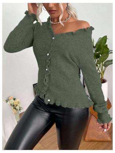 Image of Verdusa Women's Ruffle Trim V Neck Button Down Long Sleeve Knit Cardigan Sweater